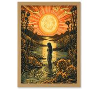 Woman Bathing in Creek at Sunset Modern Linocut Artwork Framed Wall Art Print A4 Artery8 Light Oak One Size