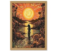 Artery8 Woman Bathing in Creek at Sunset Modern Linocut Artwork Framed A3 Wall Art Print