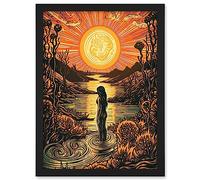 Artery8 Woman Bathing in Creek at Sunset Modern Linocut Artwork Framed A3 Wall Art Print
