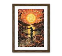 Artery8 Woman Bathing in Creek at Sunset Modern Linocut Artwork Framed Wall Art Print 18X24 Inch