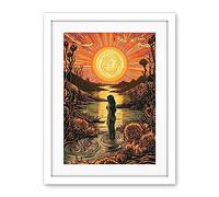 Artery8 Woman Bathing in Creek at Sunset Modern Linocut Artwork Framed Wall Art Print 18X24 Inch