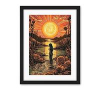 Artery8 Woman Bathing in Creek at Sunset Modern Linocut Artwork Framed Wall Art Print 18X24 Inch