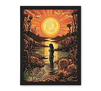 Artery8 Woman Bathing in Creek at Sunset Modern Linocut Artwork Framed Wall Art Print 18X24 Inch