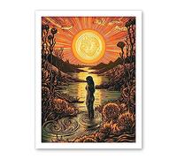 Artery8 Woman Bathing in Creek at Sunset Modern Linocut Artwork Framed Wall Art Print 18X24 Inch