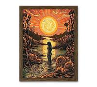 Artery8 Woman Bathing in Creek at Sunset Modern Linocut Artwork Framed Wall Art Print 18X24 Inch