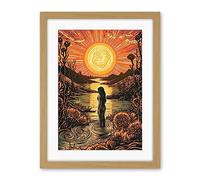 Artery8 Woman Bathing in Creek at Sunset Modern Linocut Artwork Framed Wall Art Print 18X24 Inch