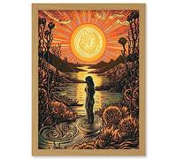 Woman Bathing in Creek at Sunset Modern Linocut Artwork Framed Wall Art Print A4 Artery8 Light Oak One Size