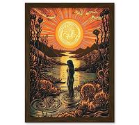 Woman Bathing in Creek at Sunset Modern Linocut Artwork Framed Wall Art Print A4 Artery8 Brown One Size