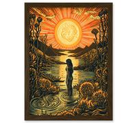 Woman Bathing in Creek at Sunset Modern Linocut Artwork Framed Wall Art Print A4 Artery8 Brown One Size