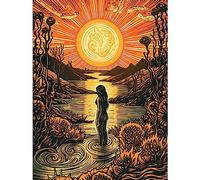 Artery8 Woman Bathing in Creek at Sunset Modern Linocut Extra Large XL Wall Art Poster Print