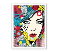 Artery8 Woman Blue Eyes Abstract Comic Book Style Portrait Pop Art Bedroom Decor Teen Halftone Artwork Framed Wall Art Print 18X24 Inch