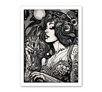 Artery8 Woman Drinking Wine Black and White Illustration Artwork Framed Wall Art Print 18X24 Inch
