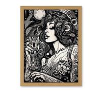 Artery8 Woman Drinking Wine Black and White Illustration Artwork Framed Wall Art Print 18X24 Inch