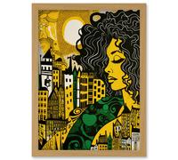 Woman and Edinburgh Cityscape Yellow Green Linocut Artwork Framed Wall Art Print A4 Artery8 Light Oak One Size