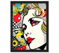 Artery8 Woman Face Geometric Patterns Bubbles Comic Book Style Pop Art Teen Room Halftone Artwork Framed Wall Art Print A4