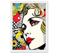 Artery8 Woman Face Geometric Patterns Bubbles Comic Book Style Pop Art Teen Room Halftone Artwork Framed A3 Wall Art Print