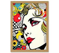 Artery8 Woman Face Geometric Patterns Bubbles Comic Book Style Pop Art Teen Room Halftone Artwork Framed Wall Art Print A4