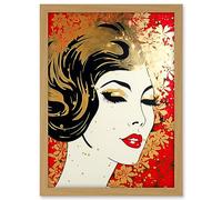 Artery8 Woman Face Retro Glam Aesthetic Gold Flower Pattern Red Linocut Portrait Teen Room Artwork Framed A3 Wall Art Print
