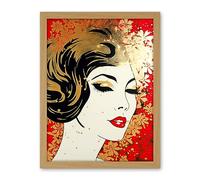 Artery8 Woman Face Retro Glam Aesthetic Gold Flower Pattern Red Linocut Portrait Teen Room Artwork Framed Wall Art Print 18X24 Inch