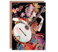 Artery8 Woman Floral Banjo Player Colourful Portrait Greeting Birthday Card Him Her All Blank
