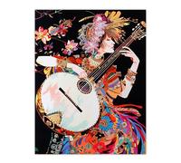 Woman Floral Banjo Player Colourful Portrait Wall Art Print Artery8 Multi W24 inch x H32 inch