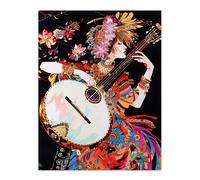 Artery8 Woman Floral Banjo Player Colourful Portrait Wall Art Print | Size: W12" x H16" Artery8 Multicolor W12" x H16"