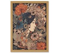 Artery8 Woman Floral Profile Portrait Boho Art Nouveau Artwork Framed A3 Wall Art Print