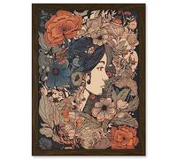 Artery8 Woman Floral Profile Portrait Boho Art Nouveau Artwork Framed A3 Wall Art Print