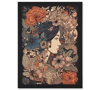 Artery8 Woman Floral Profile Portrait Boho Art Nouveau Artwork Framed Wall Art Print A4