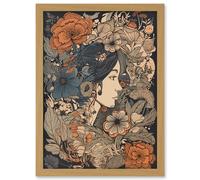 Woman Floral Profile Portrait Boho Art Nouveau Artwork Framed Wall Art Print A4 Artery8 Light Oak One Size