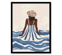 Artery8 Woman in Blue White Stripy Summer Holiday Dress Living Room Artwork Framed Wall Art Print A4