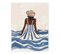 Artery8 Woman in Blue White Stripy Summer Holiday Dress Living Room Extra Large XL Wall Art Poster Print