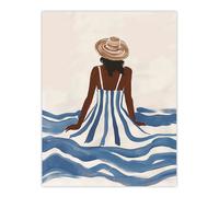 Artery8 Woman in Blue White Stripy Summer Holiday Dress Wall Art Print | Size: W12" x H16" Artery8 Blue W12" x H16"