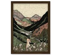 Artery8 Woman in Flower Field in Scottish Hill Landscape Artwork Framed Wall Art Print A4