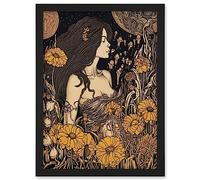 Artery8 Woman in Flower Field Midsummer Night Illustration Artwork Framed Wall Art Print A4