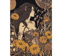 Artery8 Woman in Flower Field Midsummer Night Illustration Unframed Wall Art Print Poster Home Decor Premium