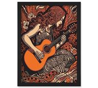 Artery8 Woman Playing Guitar Music in Rose Flower Field Artwork Framed Wall Art Print A4