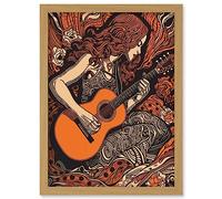 Artery8 Woman Playing Guitar Music in Rose Flower Field Artwork Framed Wall Art Print A4