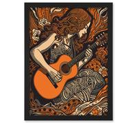 Artery8 Woman Playing Guitar Music in Rose Flower Field Artwork Framed Wall Art Print A4 in Black Artery8 Black