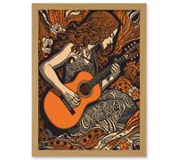 Artery8 Woman Playing Guitar Music in Rose Flower Field Artwork Framed Wall Art Print A4