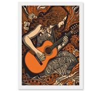 Artery8 Woman Playing Guitar Music in Rose Flower Field Artwork Framed Wall Art Print A4