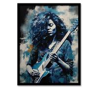 Wall Art Print Woman Playing The Electric Guitar Acrylic Painting Female Blues Musician Splat Paint Portrait Music Art Framed Artery8 Blue A4
