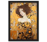 Artery8 Woman Portrait Gustav Klimt Style Oil Painting Gold Brown Artist Muse Art Nouveau Artwork Framed Wall Art Print A4