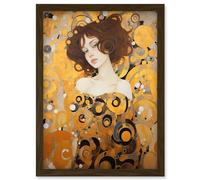Artery8 Woman Portrait Gustav Klimt Style Oil Painting Gold Brown Artist Muse Art Nouveau Artwork Framed Wall Art Print A4