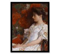 Artery8 Woman Portrait on Victorian Chair Hassam Framed Wall Art Print in Red | Size: A4 Artery8 Red A4