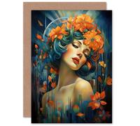 Artery8 Woman Portrait With Flowers Modern Art Deco Birthday Greeting Card in Blue Artery8 Blue