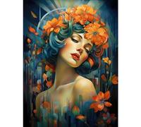 Artery8 Woman Portrait with Flowers Modern Art Deco Vibrant Artwork Orange Blue Floral Headband Large XL Wall Art Canvas Print