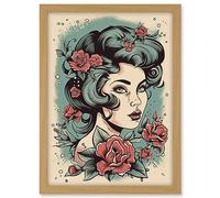 Artery8 Woman Rose Flowers Pin Up Rockabilly Americana 50s Artwork Framed A3 Wall Art Print