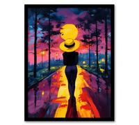 Artery8 Woman Walk Into Sunset Colourful Vibrant Painting Framed Art Print in Purple | Size: W12" x H16" Artery8 Purple W12" x H16"