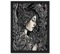 Artery8 Woman with Crow in a Field Black and White Linocut Artwork Framed A3 Wall Art Print